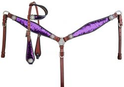 Showman Purple and Silver Sequins Inlay Single Ear Headstall and Breast Collar Set